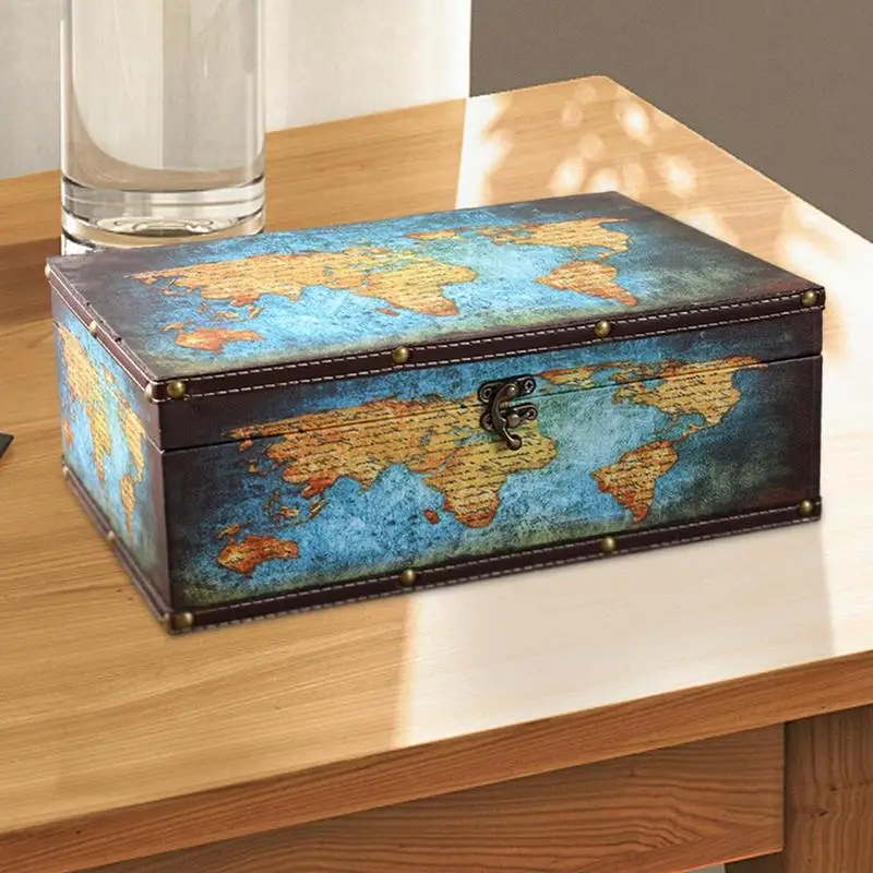 British Style Wooden Storage Box With Lock Vintage Jewelry Storage Box Multipurpose Treasure World Map Keepsake Case Gifts