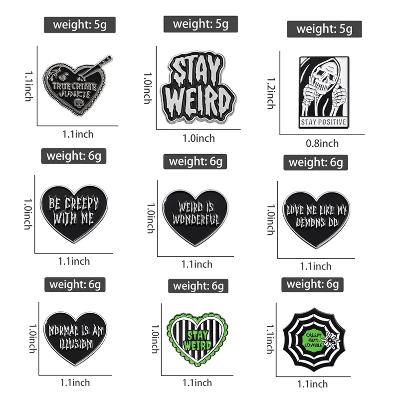 Stay Weird Be Creepy Heart Enamel Pins Punk Gothic Brooches Backpack Lapel Badge Halloween Jewelry Gift for Friends Wholesale