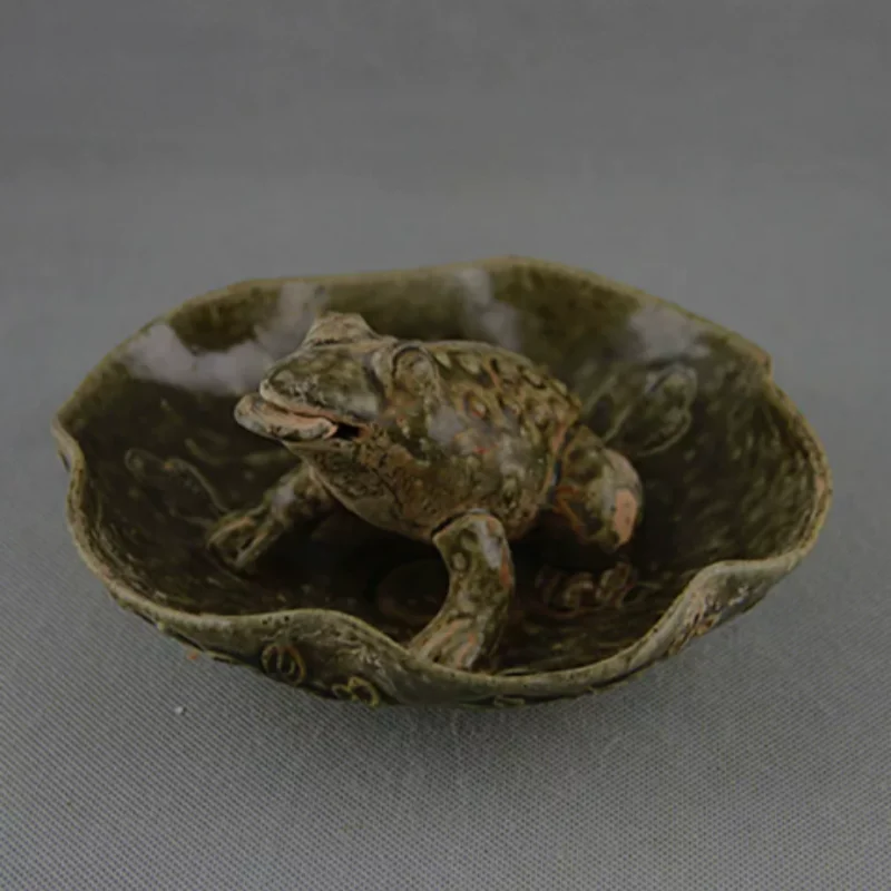 Vintage Blue Glazed Ceramic Carved Frog & Lotus Leaf with Golden Cicada - Traditional Folk Artwork, Desktop Decor & Collectible