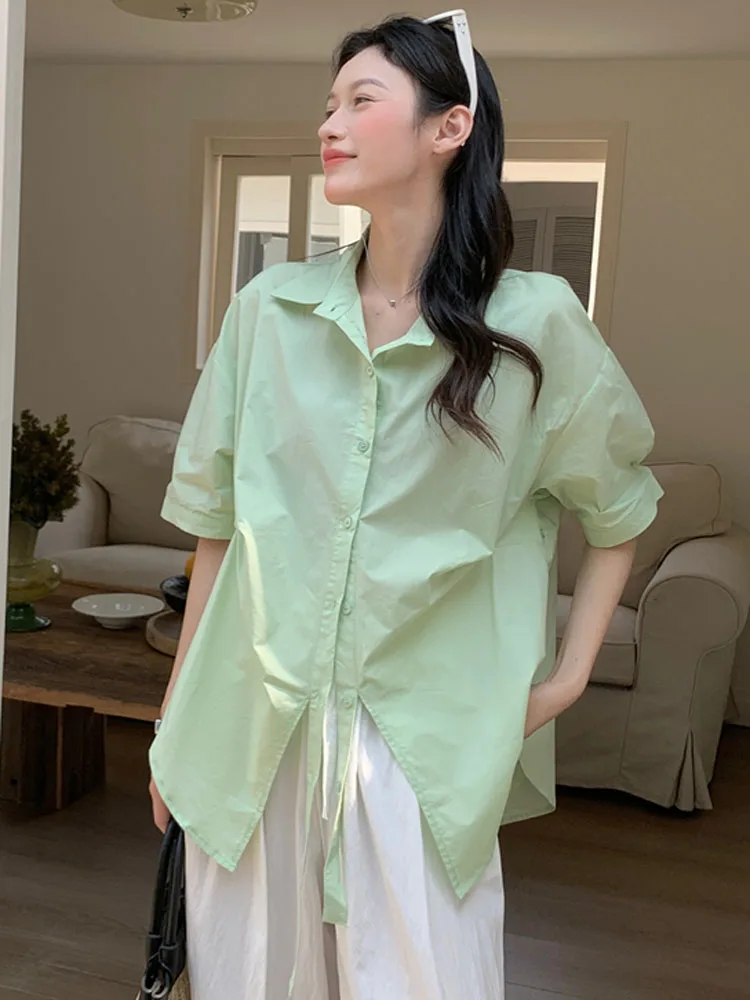 เสื้อผู้หญิง Blusas Mujer De Moda 2025 เกาหลี Chic แฟชั่นเปิดลงปกสํานักงาน OL เสื้อแขนสั้นเสื้อหลวมๆสบายๆ