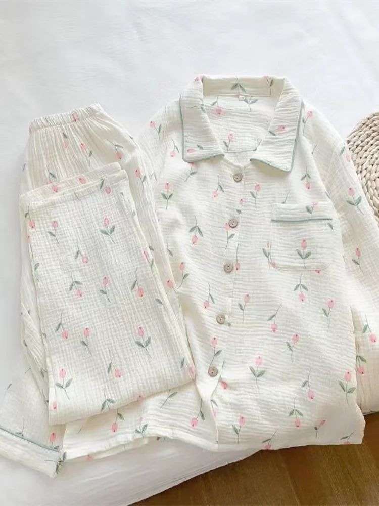 

Весенне-осенний домашний комплект для женщин: пижама из чистого хлопка, кардиган, брюки с длинными рукавами, уютная домашняя одежда для сна