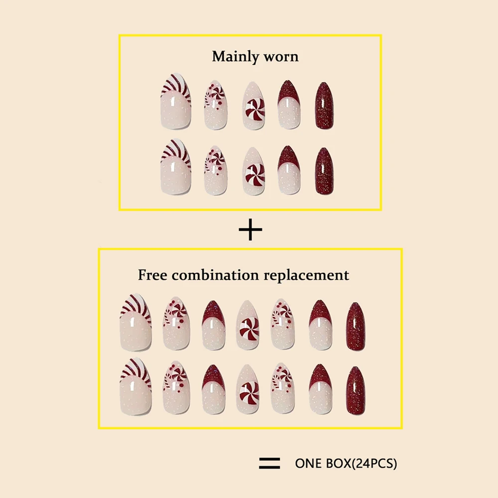 24Pcs/Set Women Girls Medium Almond Red French Christmas Crutch Lollipop Full Coverage Wearable Fake Nail Press on Nail Art