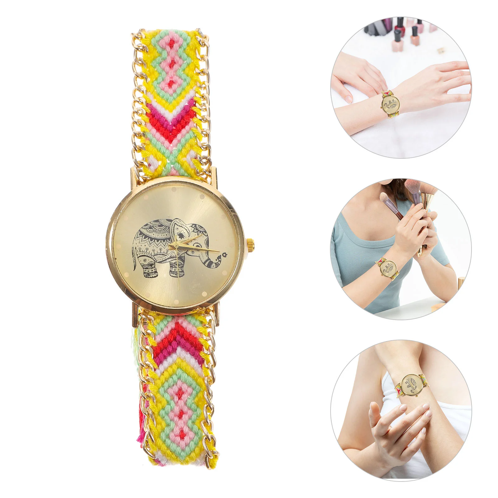 

Elephant Watch Pattern Ethnic Hand Woven Vintage Gift Delicate Wrist Braided Rope Bracelet Quartz Material Cloth Belt