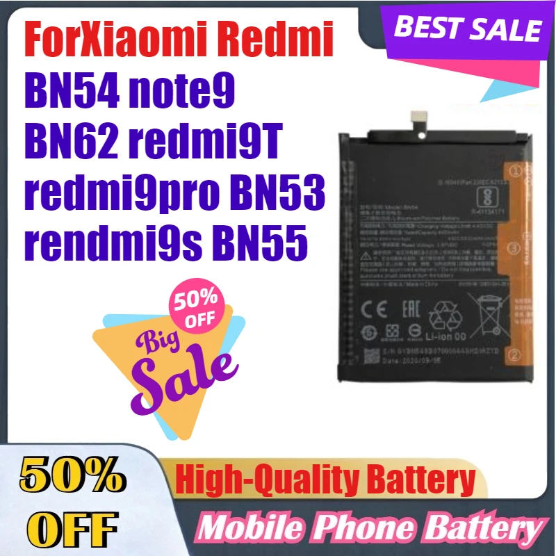 

4920mAh BN53 High-Performance Mobile Phone Batteries For Xiaomi Redmi/BN54 note9/BN62 redmi9T/redmi9pro BN53/rendmi9s BN55