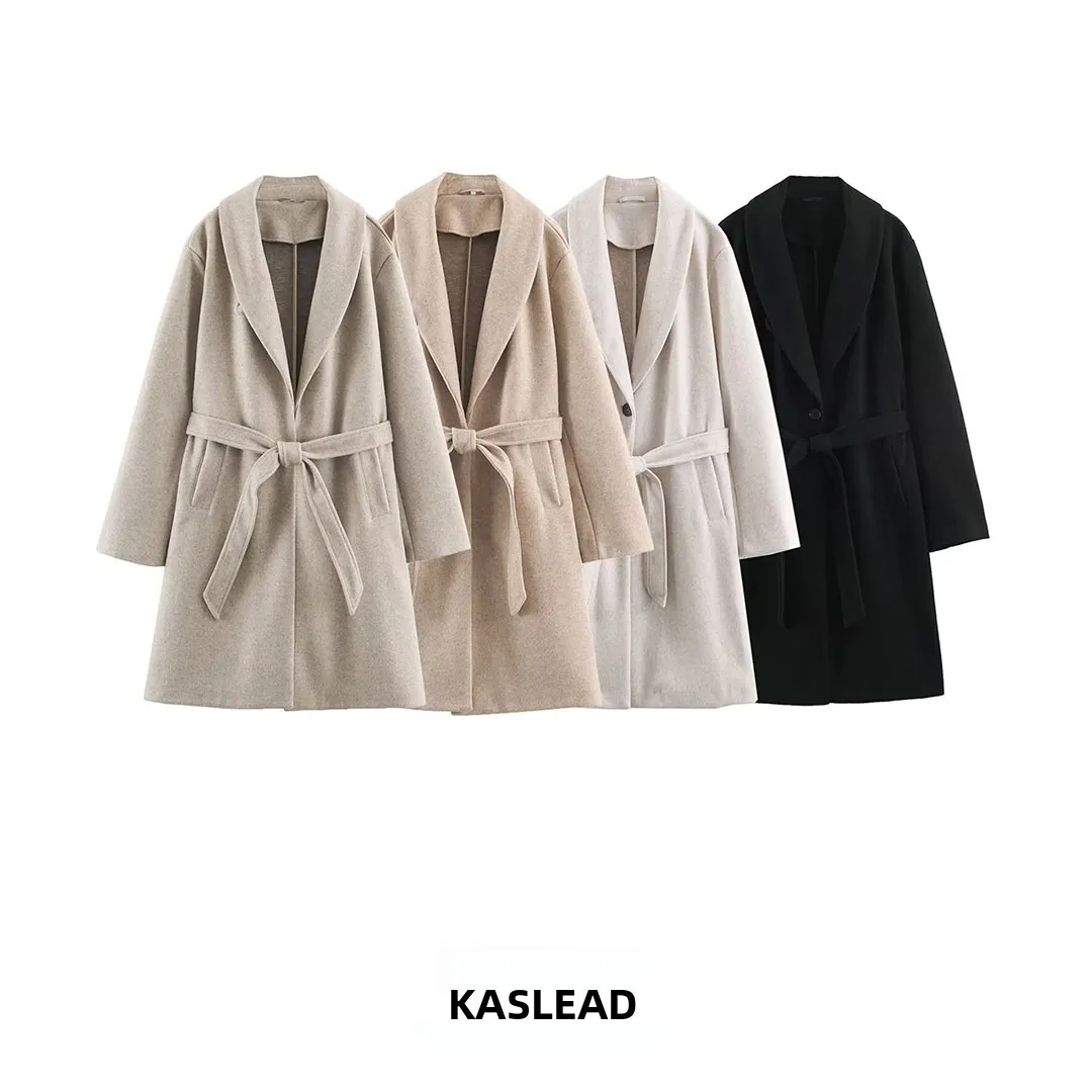 KASLEAD New Women's Soft Coat Jacket with Belt High Wind Resistance Thickened Polyester Fibre Long Sleeve Mid-Length Coat