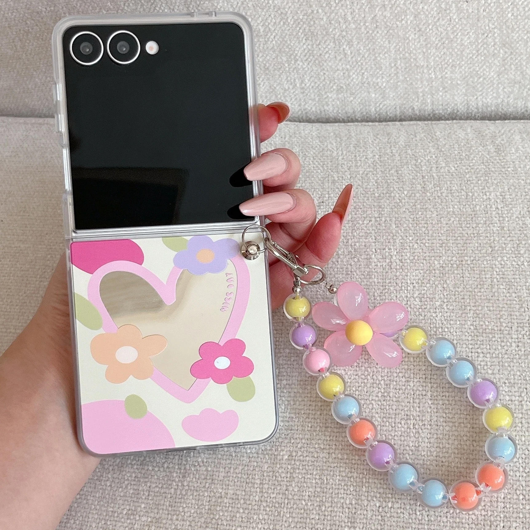 

Make up Mirror Heart Cover Funda For Samsung Galaxy Z Flip 7 zflip6 zflip5 4 3 Hard Protective Flower Hand Lanyard Phone Case