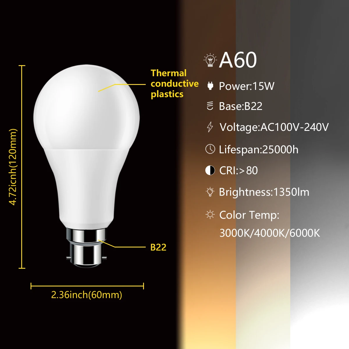 Diodo emissor de luz de alta potência a60 ac120v 220v e27 b22 15w 100lm/w 3000k/4000k/6000k luz branca morna brilhante super para a iluminação da casa do shopping