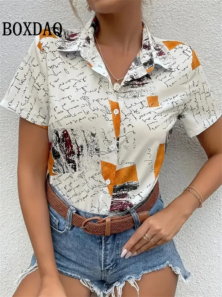 New Summer Blouse For Women Tops Fashion Casual Lapel Short Sleeve Shirts Y2k Vintage Chiffon Floral Print Shirt Female Clothing