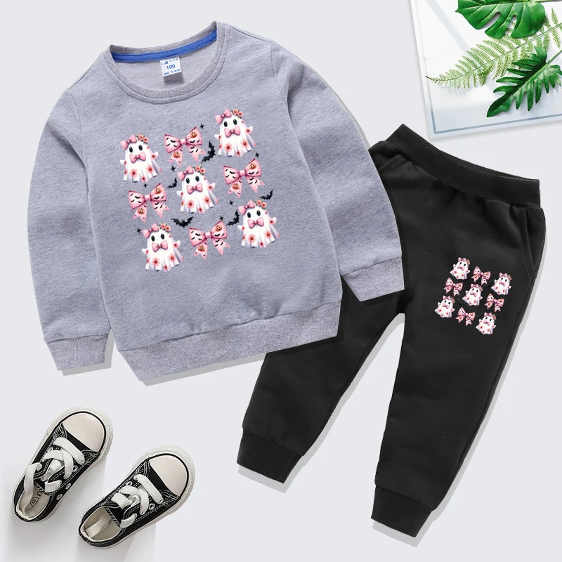 7-14 Jahre Mädchen Sweatshirt Set Halloween rosa Bogen Ghost Print Pullover passende Hose 2pc Anzug Cartoon Herbst Kinder Trainings anzug