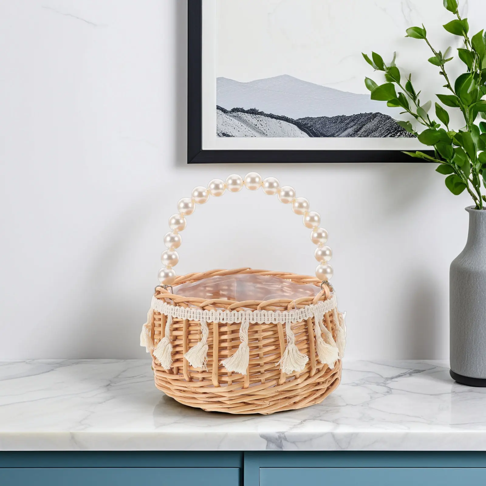 

Плетеная корзина для цветов для девочек, маленькая, с имитацией жемчужной ручки, плетеный контейнер, украшение для свадебной вечеринки, ручная корзина