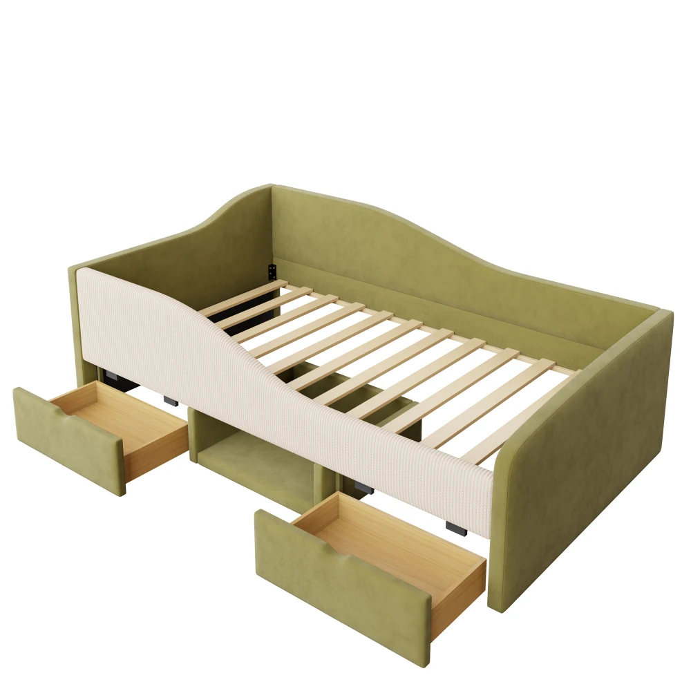 90*190cm moderne gestoffeerde slaapbank, multifunctioneel bed, met twee lades en hekken, huidvriendelijke fluwelen stof, geen matras