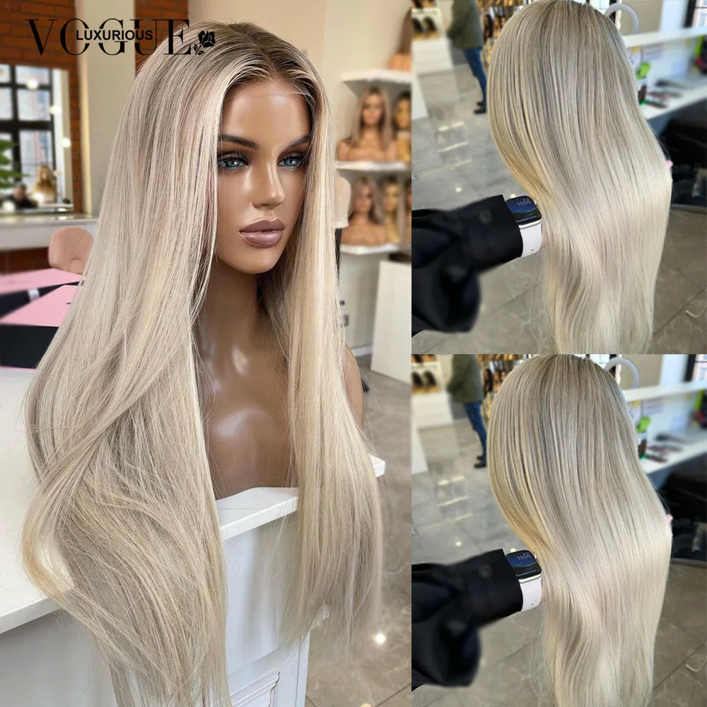 Cream Blonde Straight 100% Real Human Hair Wig Ash Blonde 200% Density Salon Hair Coloring Wig 13x6 Lace Front Wig For Women image 4
