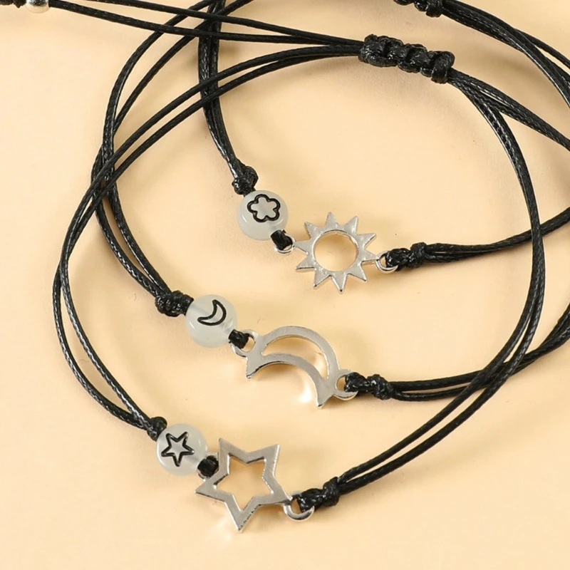 E15E Moon Sun Star Luminous Bead Bracelet Relationship Bracelets for 3 Best-Friend