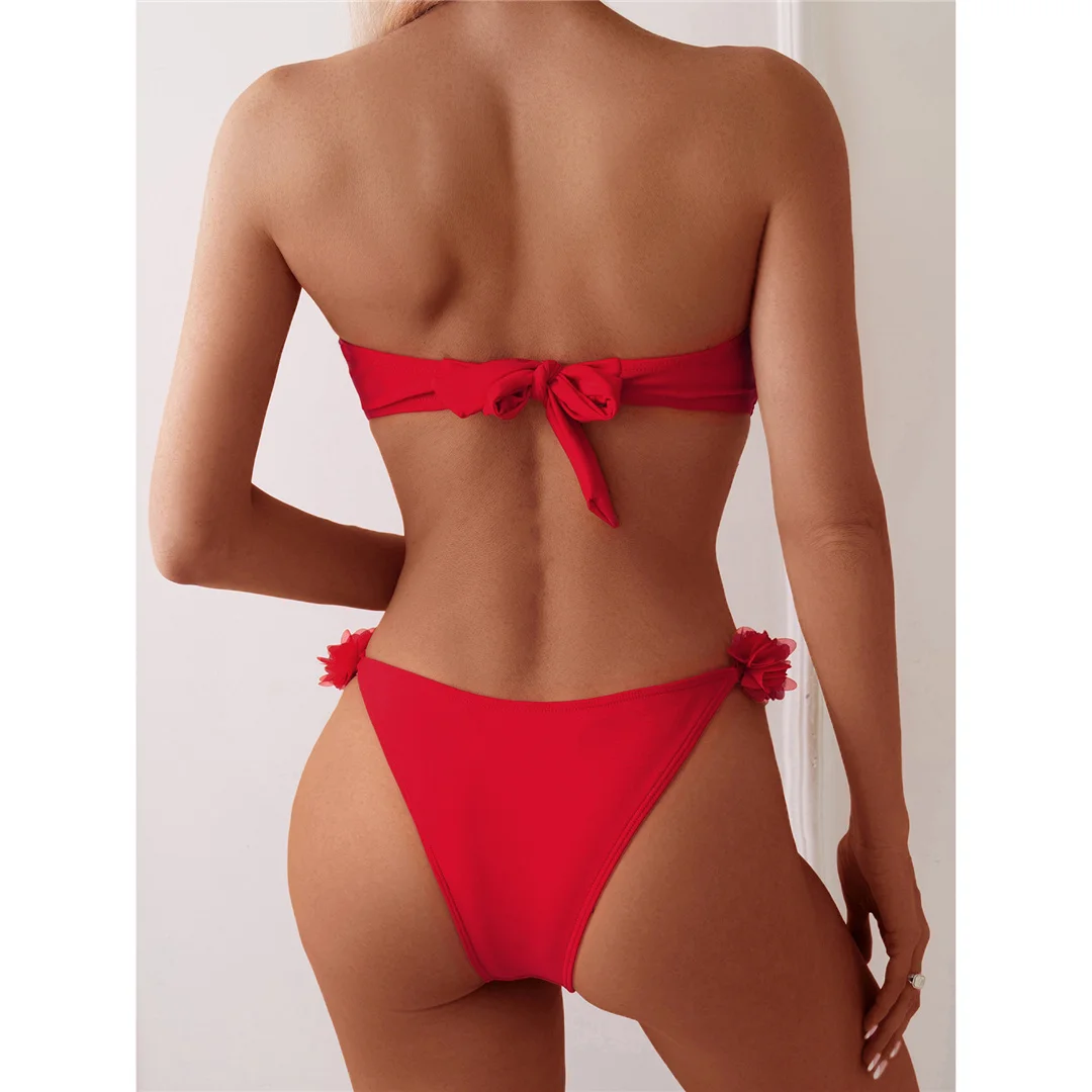 XS - L 3D-Blumen-Bandeau-Bikini mit hohem Beinausschnitt, Damen-Badebekleidung, zweiteiliger Bikini-Set, Badeanzug, Badebekleidung, Schwimmbikini V5961 – Detail 9