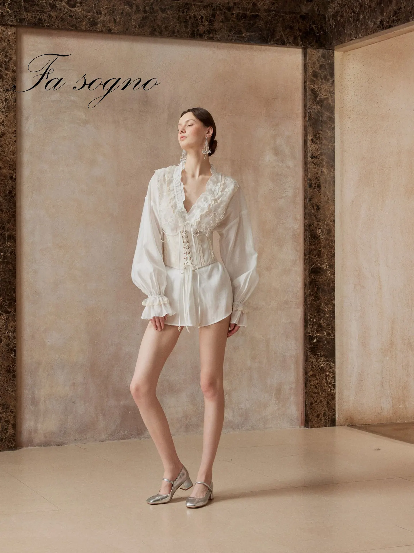 

Fa Sogno Original Knitted Jaet Waist Seal Set Chic Light French Sle V-ne ort Pure Color Polyester Cotton Blend irt