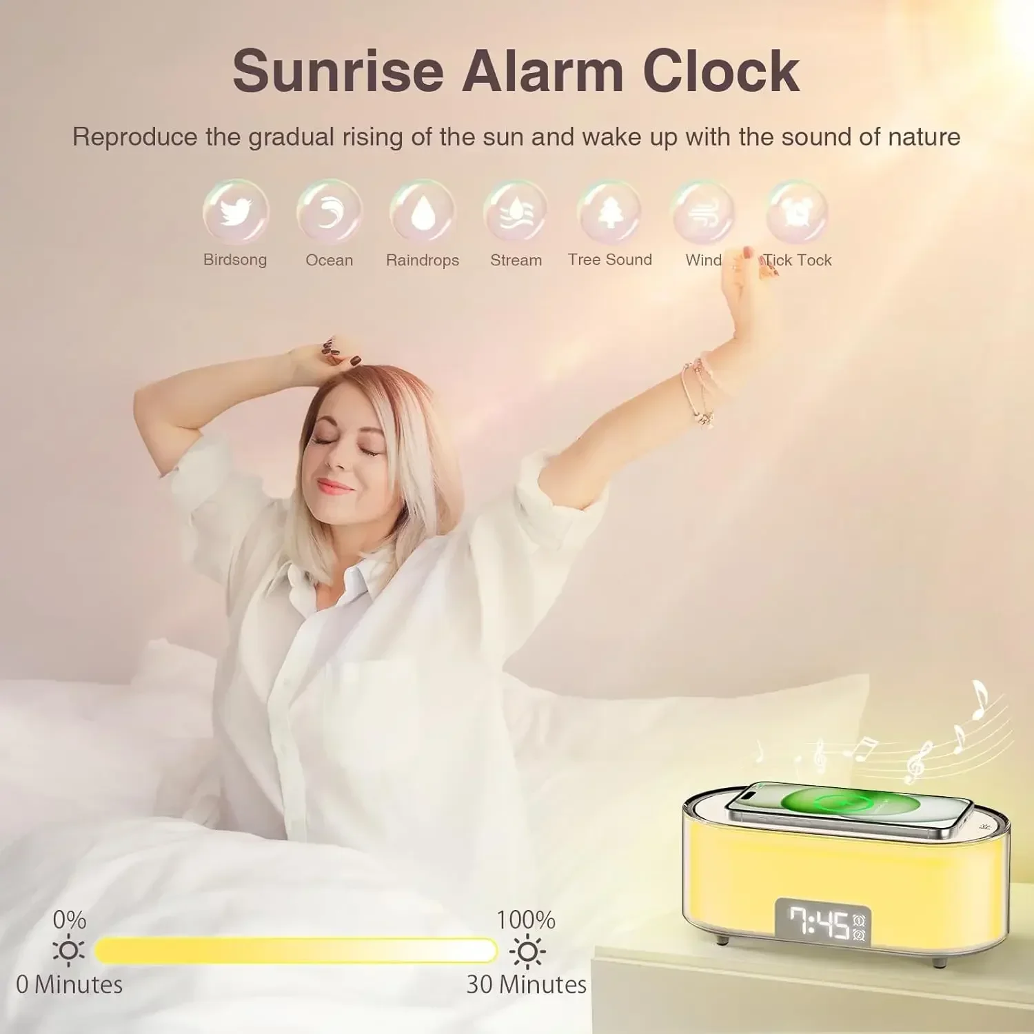 COLSUR S01T 15W Wireless Charging Phone Holder Suitable for IPhone Xiaomi Huawei LED Sunrise Alarm Clock Natural Sound Sleep Aid