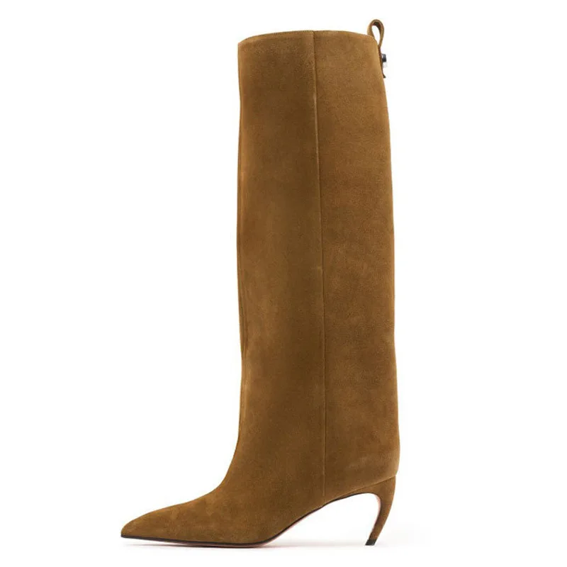 

2025 Winter New Pointed-Toe Kitten Heel Knee-High Boots Suede/leather Snakeskin Fashion Catwalk Slim Boots Solid Color Plus Size