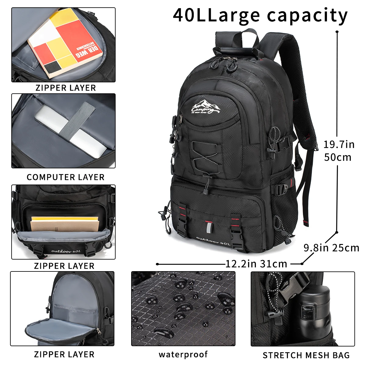 Travel backpack 40L waterproof lightweight outdoor hiking, men's and women's camping backpack