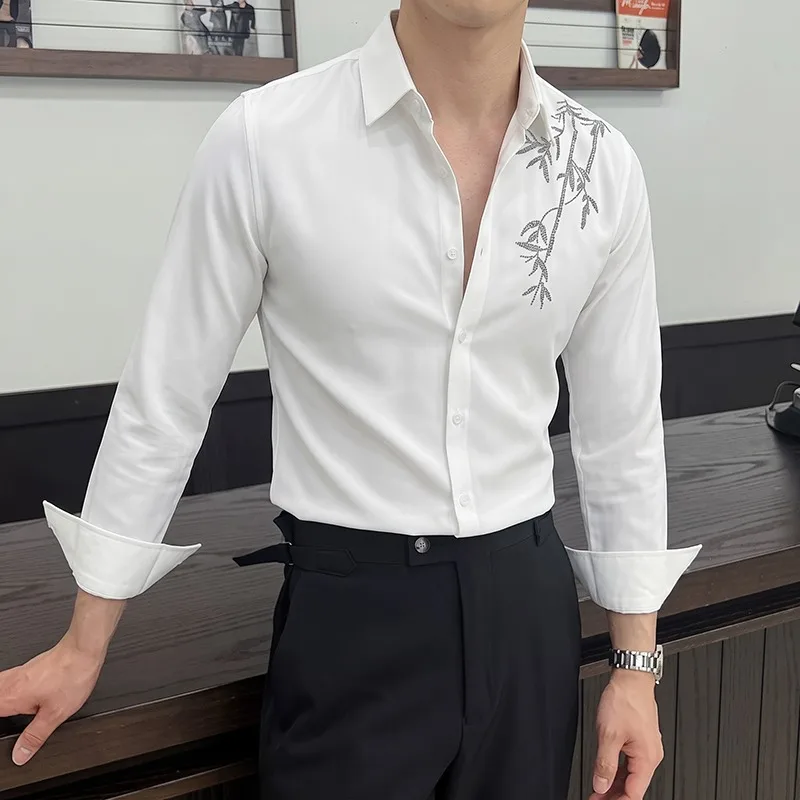 Brand Autumn Rhinestone Long Sleeved Shirt for Men Slim Fit Casual Business Dress Shirts Solid Color Social Banquet Formal Shirt