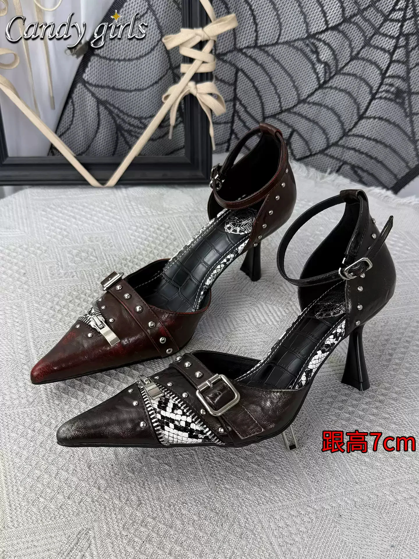 Distressed Pointed Toe Ankle Strap Pumps Flare Stiletto Heel Metal Rivet Buckle Zipper Decor Women Street Party High Heel Shoe