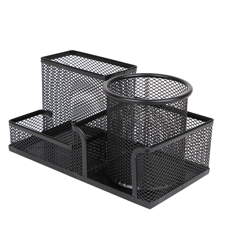 Hollow Out Round Pencil Storage Rack, 3 Grid Metal Pen Holder, Organizador de papelaria, Preto, Escritório da escola, Criativo