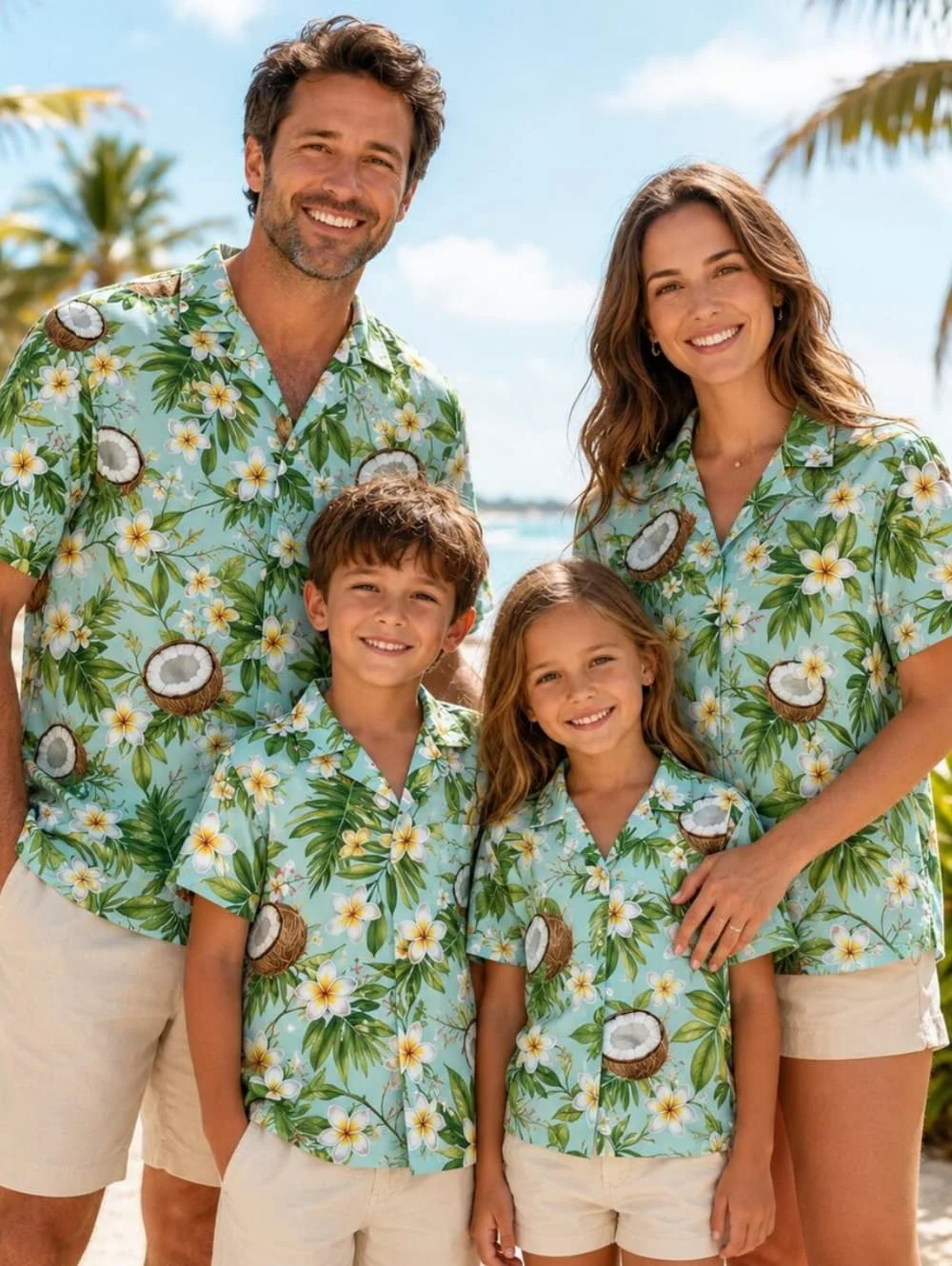 Sommerliches Familien-Strandhemd für Herren im Hawaii-Stil mit Tropenmotiv, Sandburg- und Palmen-Print, Urlaubsgeschenk, Kinder-T-Shirt – Detail 7