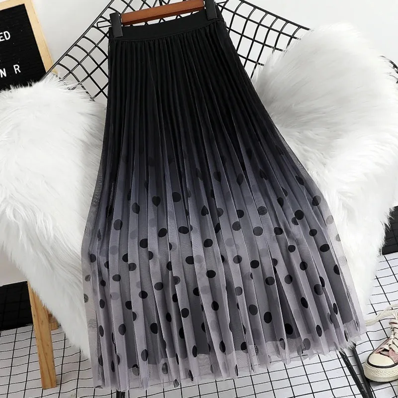 Summer Female Gradient Polka Dot Mesh Maxi Skirts 2025 Women New High Waist Big Skirts Ladies Printed Pleated Mid Length Skirts
