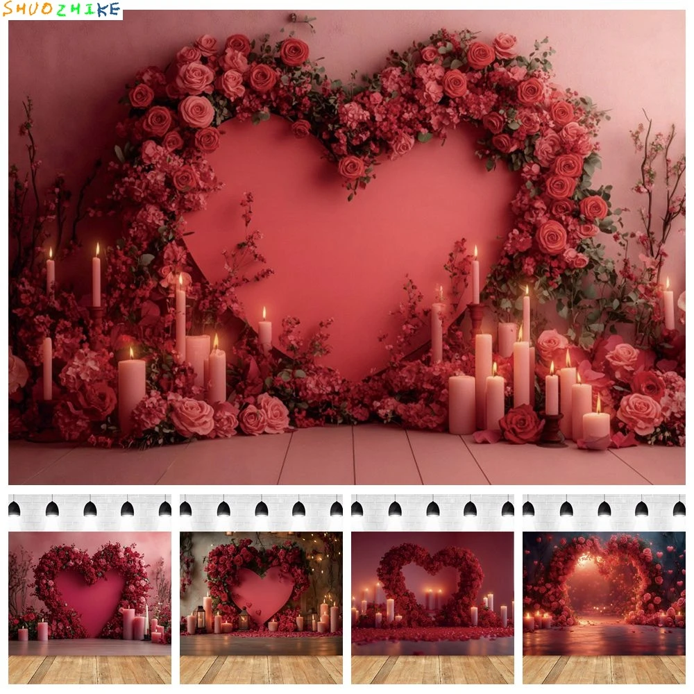 

Red Rose Flowers Love Heart Backdrop Valentine's Day Proposal Interior Room Scene Wedding Bride Portrait Photography Background