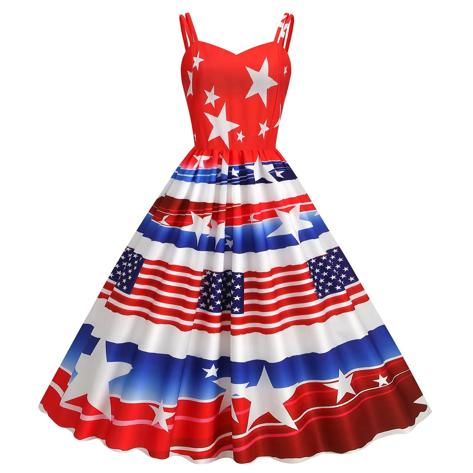 Vestido suspensor sexy para mulheres, estampa da bandeira americana, balanço a linha, vestidos formais elegantes, verão sexy, feminino