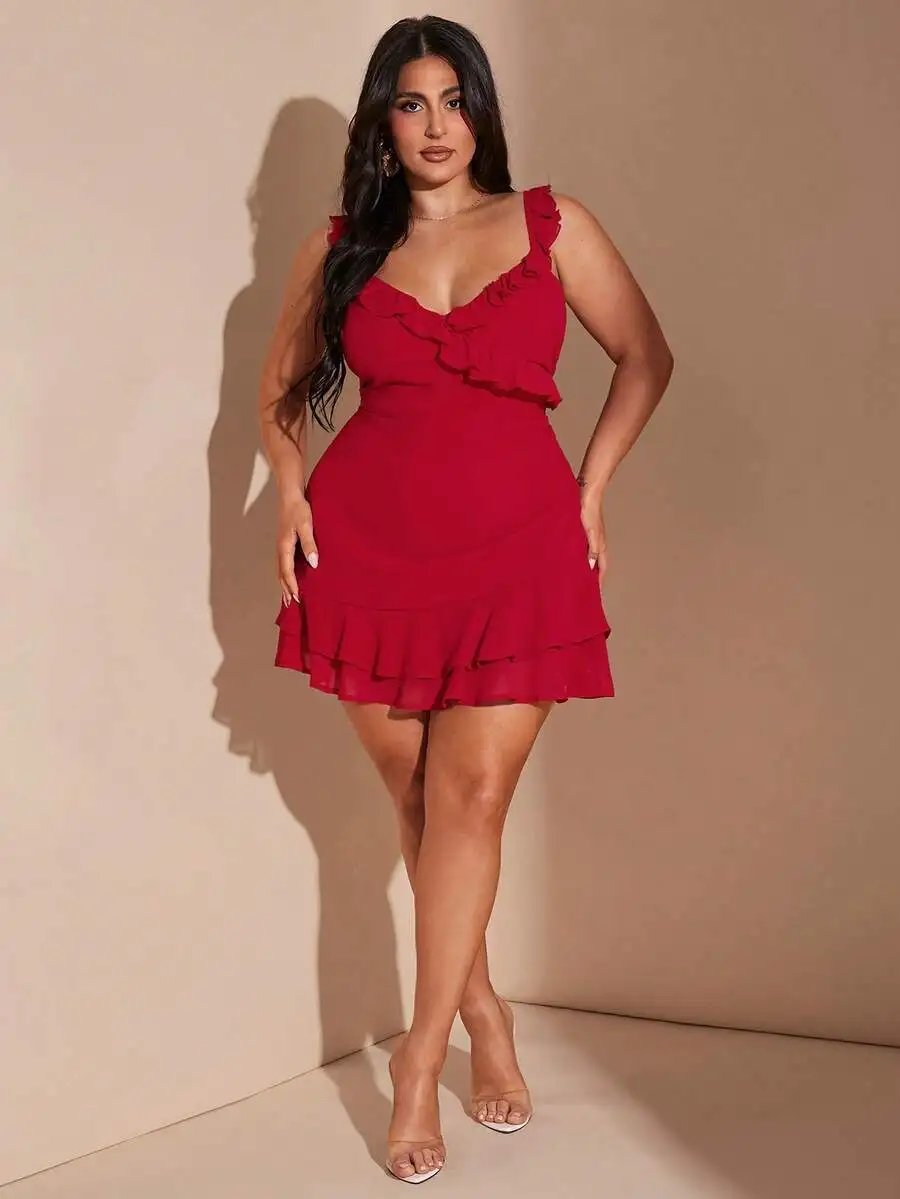 

Plus Size Red V-Neck Ruffle Hem Mini Dress for Summer Casual or Party Wear