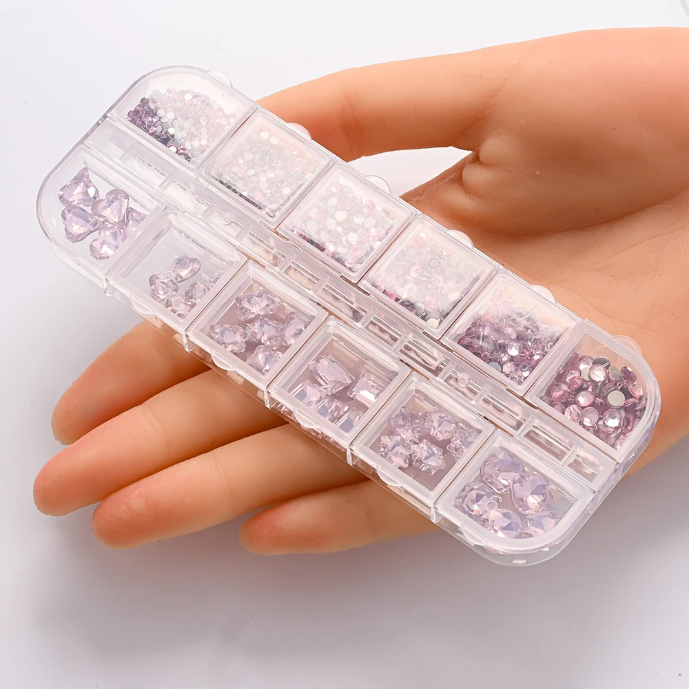 12 Griglia/scatola Rosa Flatback SS4-SS16 Rotondo di Vetro Nail Art Strass Multi-forma Cuore/Farfalla Nail Diamante Unghie FAI DA TE CrystalStone