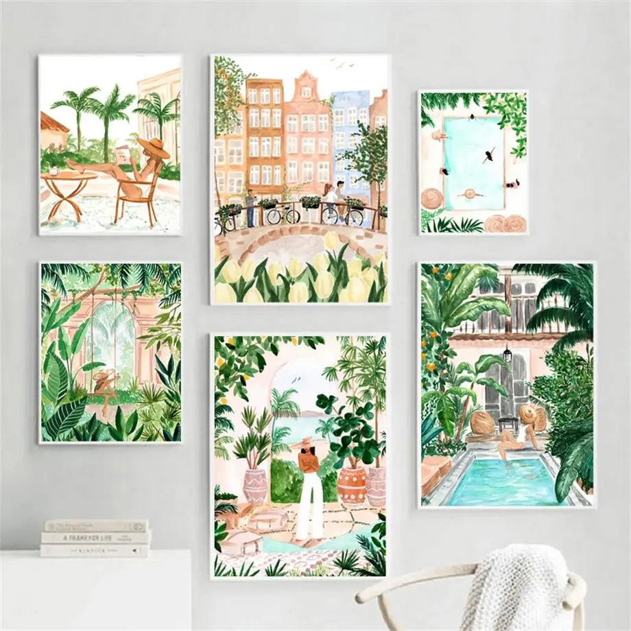 Digital Oil Painting Beach Pool Moroccan Tropical Jungle Girl Swing Handpainted Art Wall Bedroom Home Decor Kids Room Decor Gift