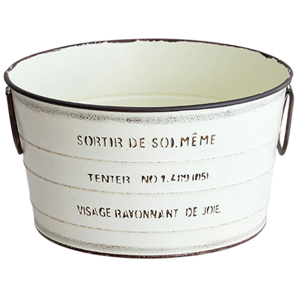 Farmhouse Style Iron Flower Pot Featuring Distressed Finish Embossed Letters Double Handle for Indoor Plant Display