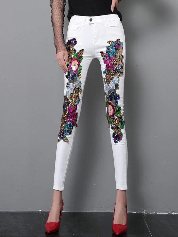 2024 Spring and Summer Women\'s Sequins White Denim Pants Slim All-match Basic Pencil Student Stretch Jeans Daily Street Trousers