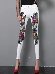 2024 Spring and Summer Women's Sequins White Denim Pants Slim All-match Basic Pencil Student Stretch Jeans Daily Street Trousers