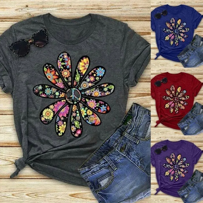

Colorful Daisy Petal Print T Shirt Women Short Sleeve O Neck Loose Tshirt Summer Women Tee Shirt Tops Camisetas Mujer