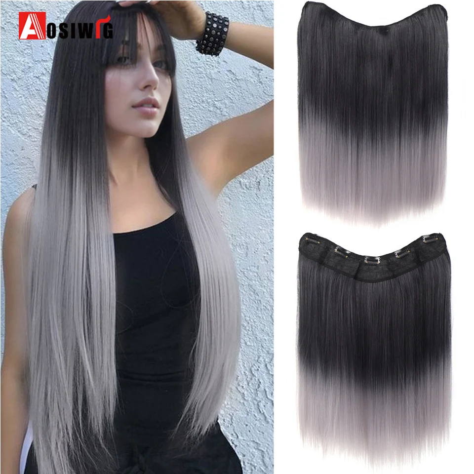 

20 Inch Synthetic One Piece 5 Clips In Hair Extensions Long Straight High Temperature Fiber Brown Black Gradient White Tea Gray