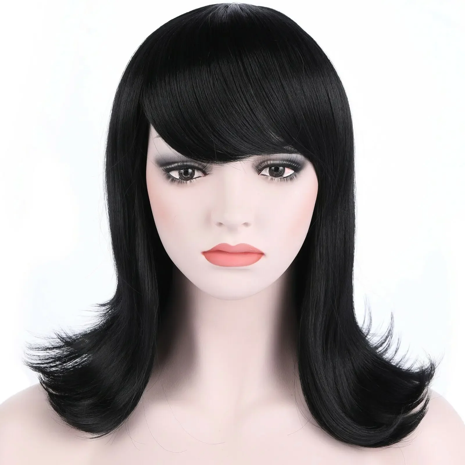 OneDor Women's Short Black Straight Hair 50s Cosplay Flip Wigs with Flat Bangs