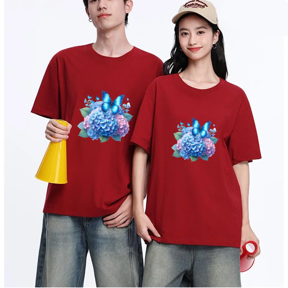 Blue Butterfly Hydrangea Flower Printed T Shirt Breathable Fabric S-3XL Personalized Custom Aesthetic Graphic Top Unisex Fit Cas