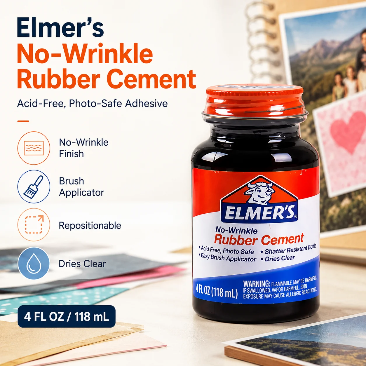 Elmer's No-Wrinkle Rubber Cement 4oz Clear Glue with Brush Applicator Photo Safe Adhesive for Scrapbook Paper Craft