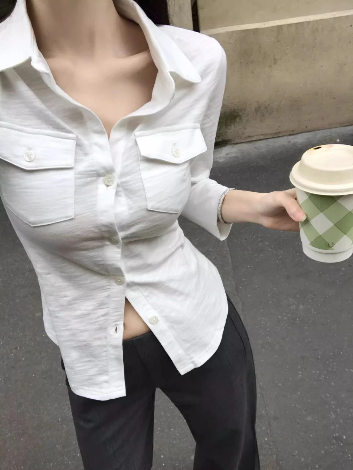 Camisa de Cuello Mao para Mujer KING BRAND, Corte Ajustado, Manga Larga, Cintura Ajustada, Estilo Americano Moderno, Dulce y Picante, para Verano