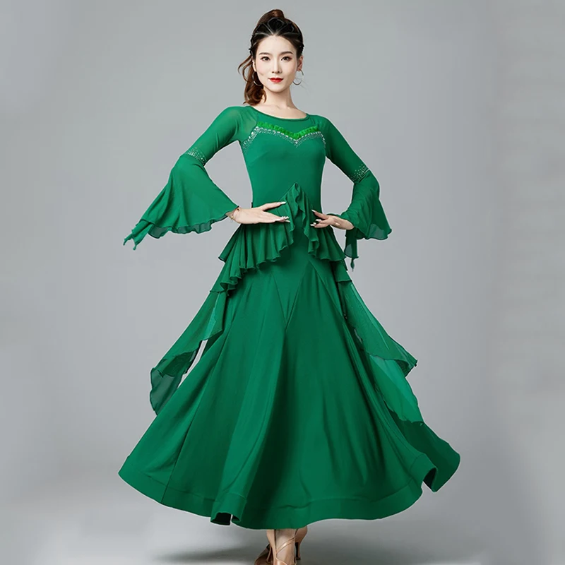 

Green Standard Ballroom Dancing Dress Women Social Modern Dance Performance Clothes Flare Sleeve Waltz Stage Wear Red VDL359