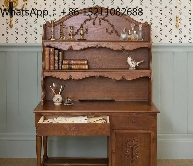 LLY medieval multi-functional solid wood desk retro carved storage bookcase home study independent writing desk