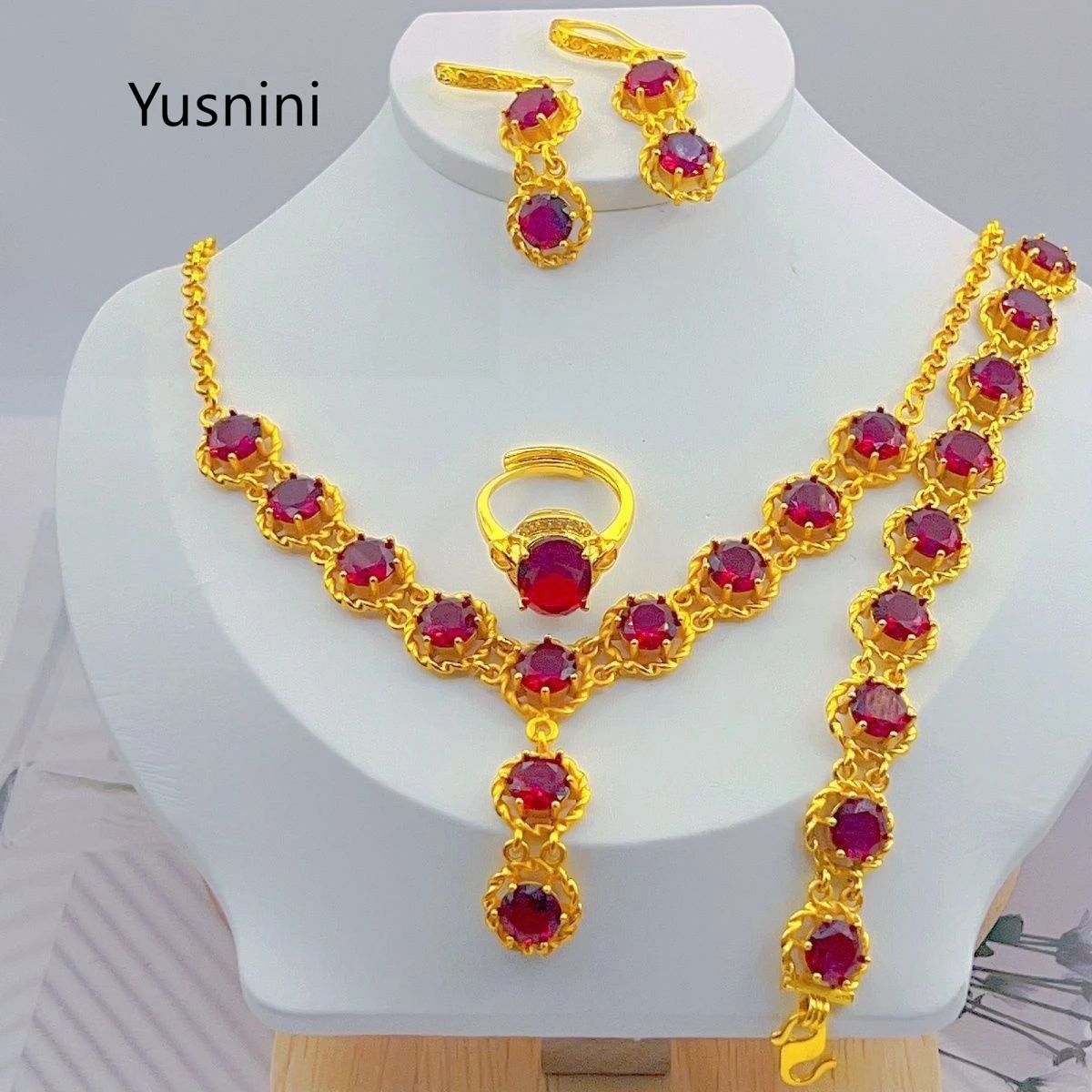 

New French Dubai Fashion 24K Gold Plated Necklace Earrings Rings Bracelet Elegant Engagement Party Jewelry Set for Lover