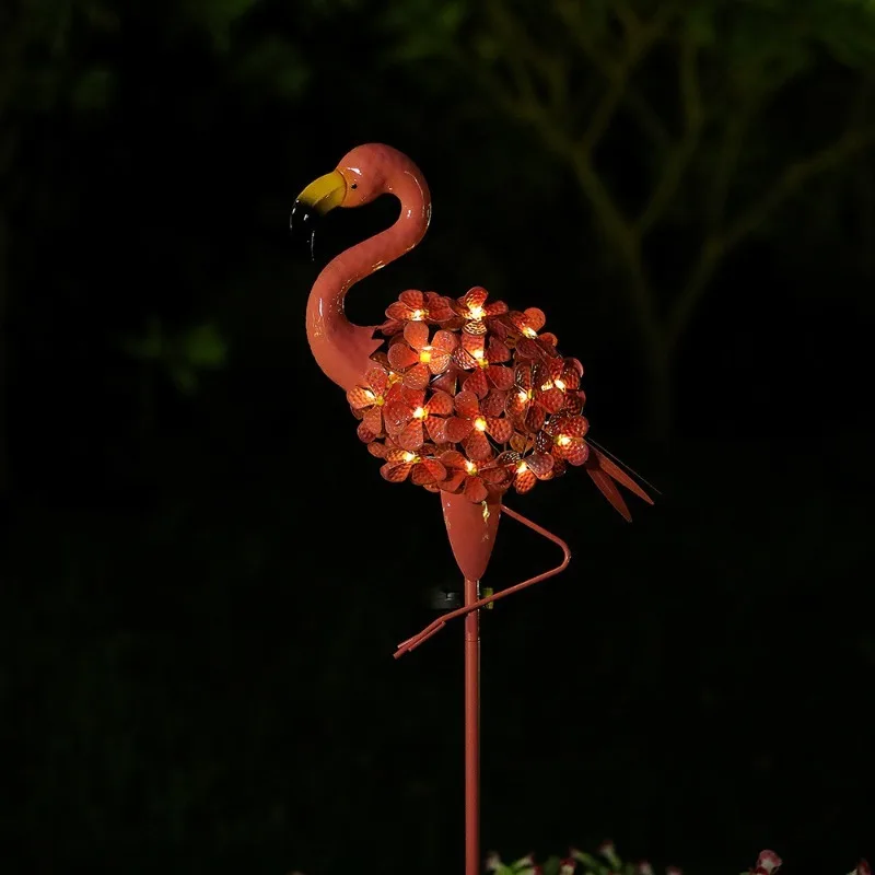 New LED Solar Powered Flamingo Wrought Iron Floor Lights for Outdoor Courtyard Garden Atmosphere Decoration Lighting Fixtures