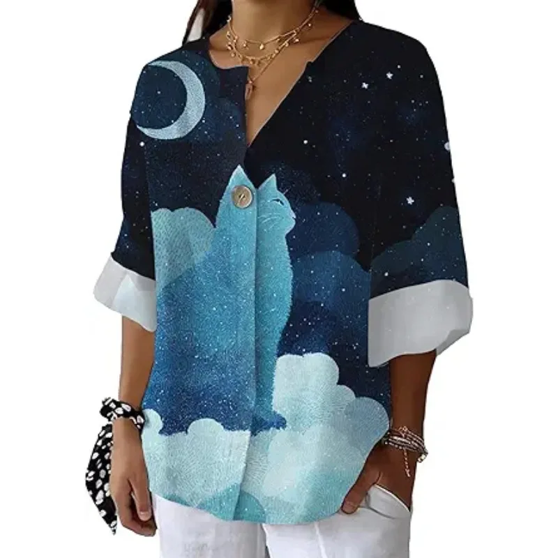 

Summer and autumn women's button floral print shirt for 2025, comfortable, breathable, loose-fitting, casual V-neck women's top.