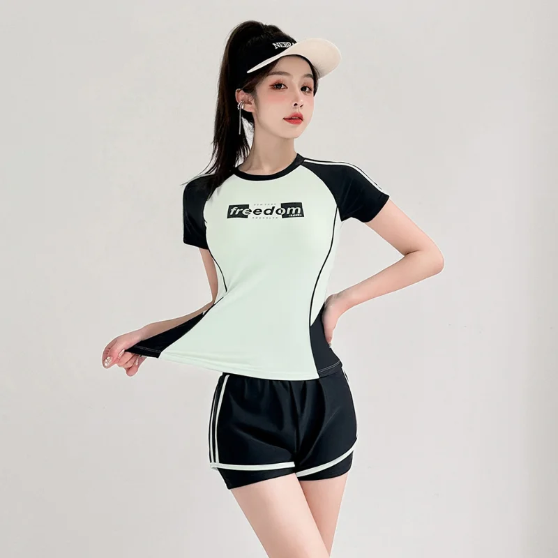 

New Women Two Piece Rash Guard Short Sleeve Swimsuits Sets UV Cropped Swim Shirt with Shorts Bottom Bathing Suits Sports Wear