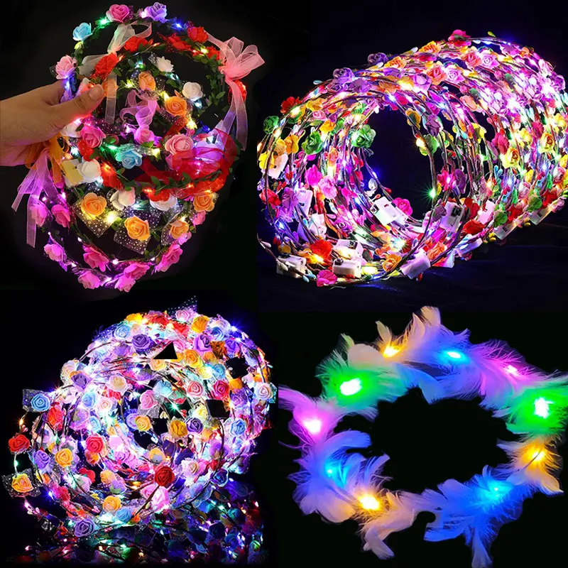 10pcs LED Floral Wreath Crowns Light Up Headband Artificial Flowers Garland Luminous Flower Headbands Wedding Festival Party