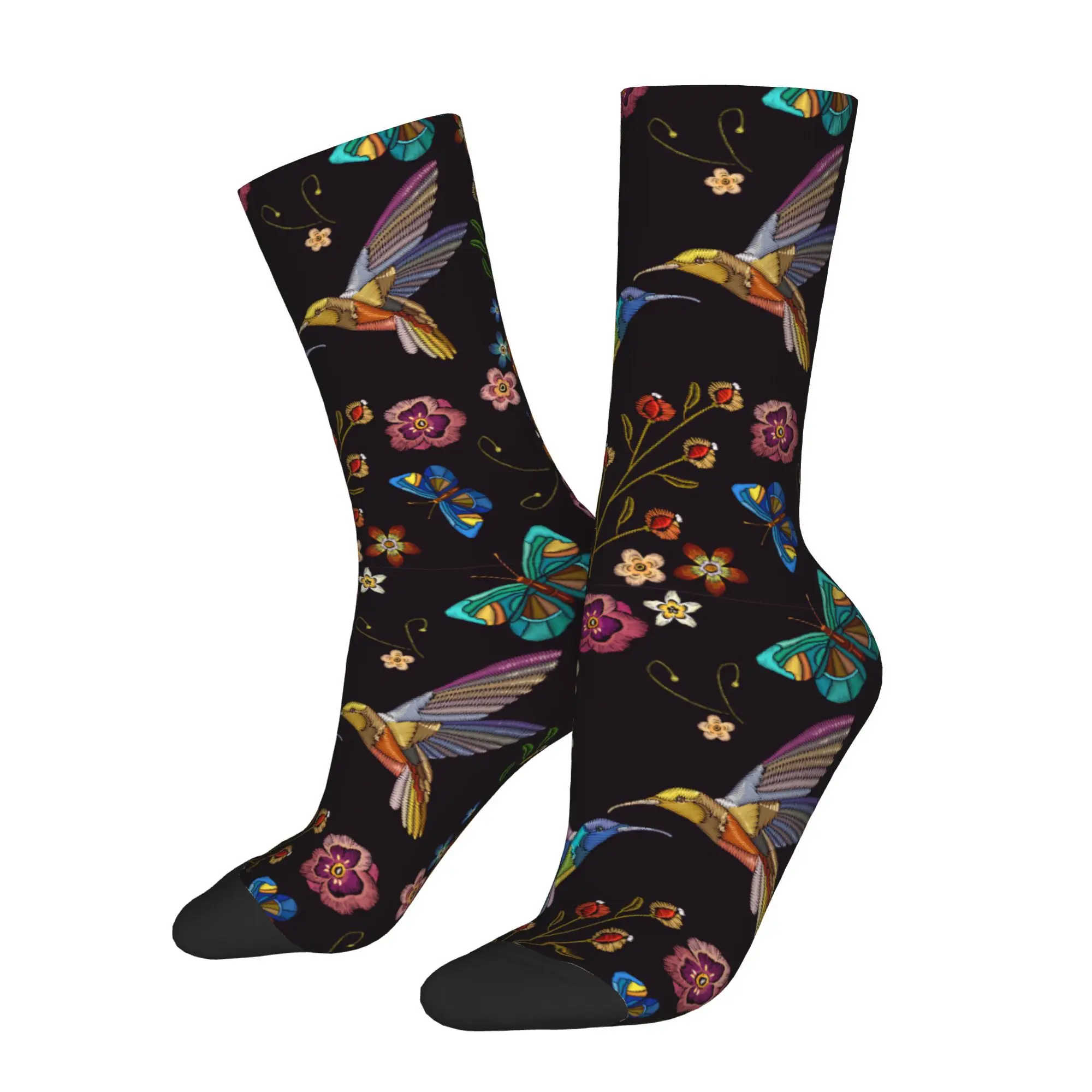1pc Humming Bird and Tropical Flowers Printed Men's Socks  Novelty Hip Hop Harajuku Pattern Crew Sock Casual Gift