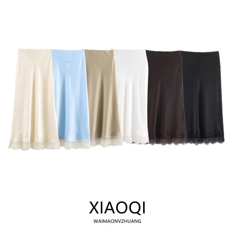 Elegant Lace Trim Midi Skirt Women's Fashion Autumn New Arrival Quality Texture Ladies mid Waist Straight Cut Casual Style